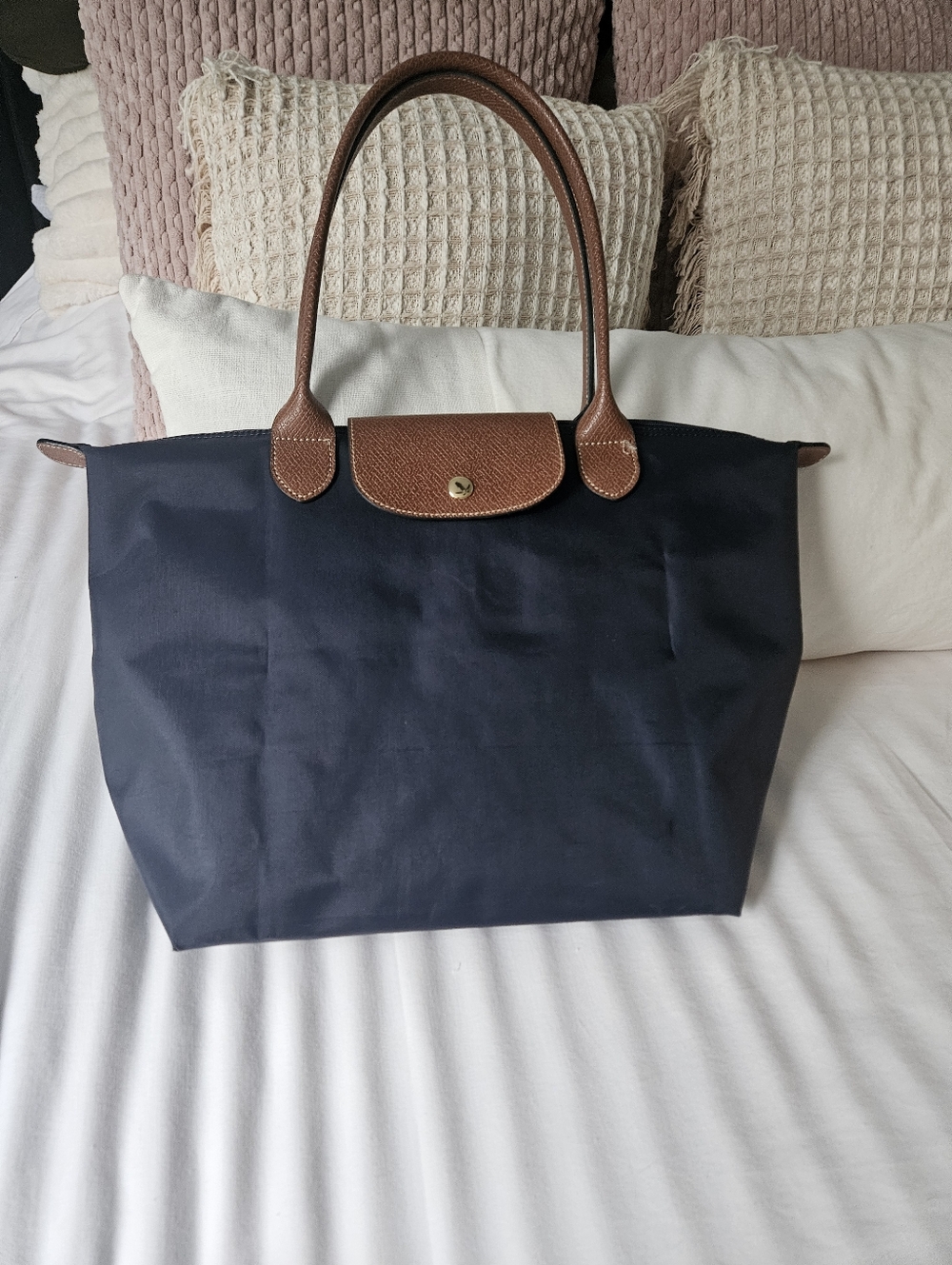 Classic Navy Tote Bag with Brown Trim